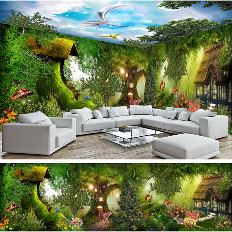 Natural Cabin in the Forest Natural Scenery Pattern Design Combined 3D Ceiling and Wall Murals
