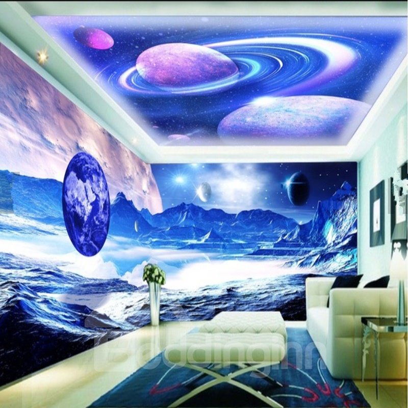 Amazing Mars Surface and Planets Pattern Design Combined 3D Ceiling and Wall Murals