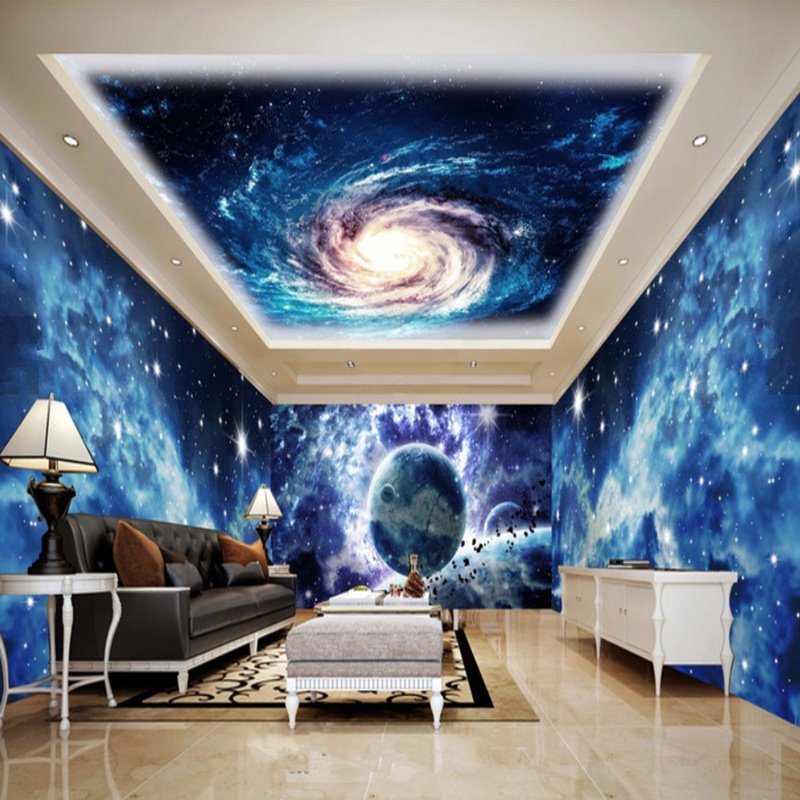 Murales de techo y pared 3D impermeables combinados con patrón de nebulosa y cielo estrellado de ensueño azul