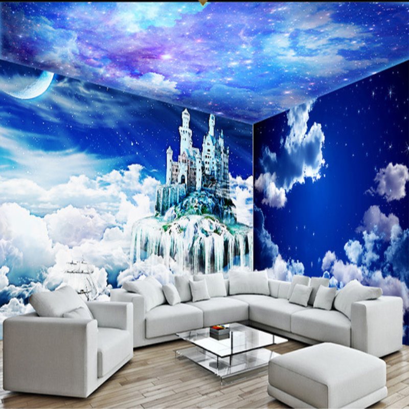 Murales de pared y techo 3D combinados con un patrón de nubes blancas de ensueño y cielo estrellado