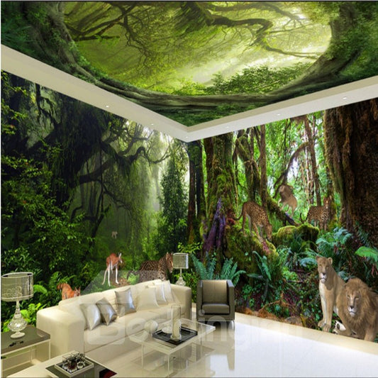 Vivid Animal in the Forest Scenery Pattern Design Combined 3D Ceiling and Wall Murals