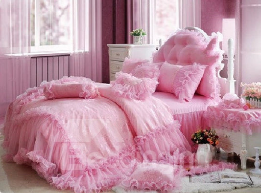 Total Lace Trim Cotton Romantic Cinderella Pink Duvet Covers/Bedding Sets