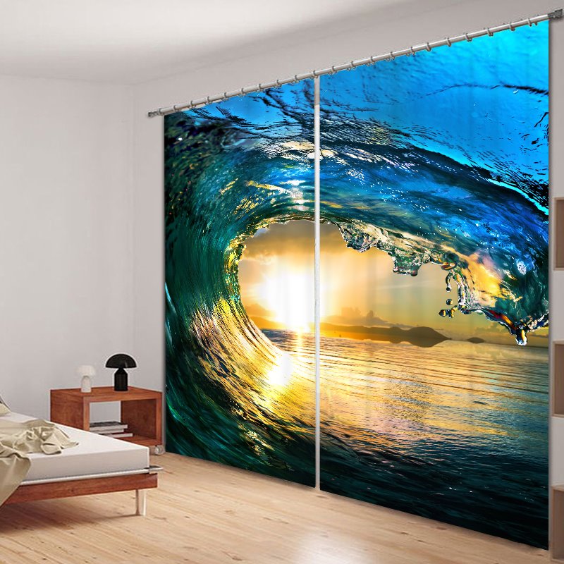 Powerful Waves of the Sea 3D Printed Polyester Custom Curtain for Living Room