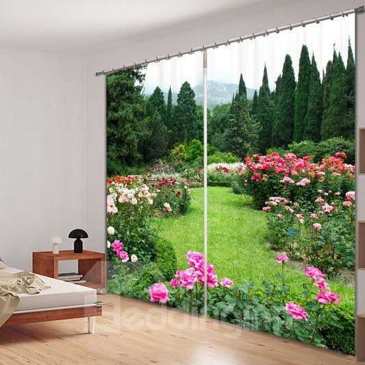 Vibrante jardín verde con cortina personalizada para sala de estar 3D con estampado rosa
