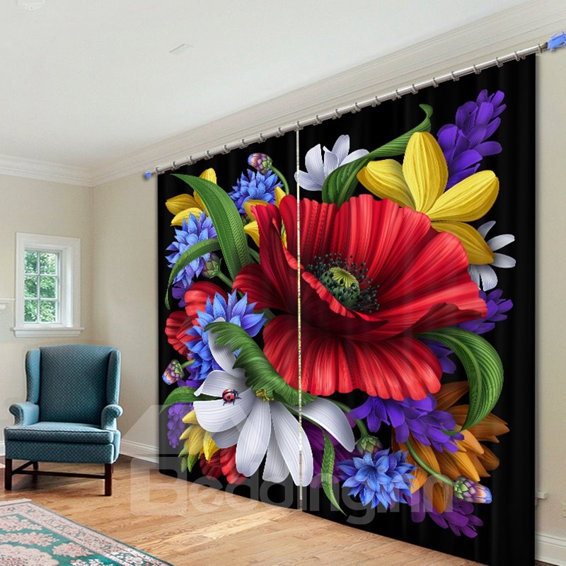 Fantastic Colored Flowers Printed Custom Living Room Polyester Curtain