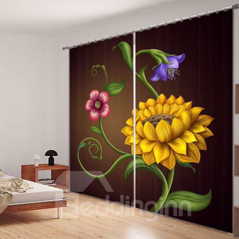Designer Yellow Flowers 3D Printing Polyester Curtain