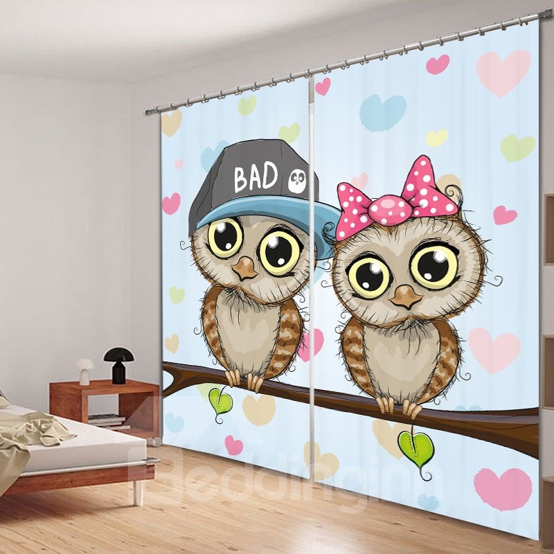 Cortina de poliéster con impresión 3D de amantes de los búhos de dibujos animados lindos 