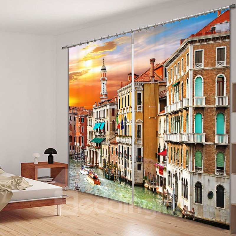 Picturesque Colored Venice 3D Printed Polyester Curtain