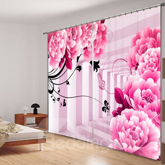 Cute Pink Peony and Butterfly 3D Printing Polyester Curtain