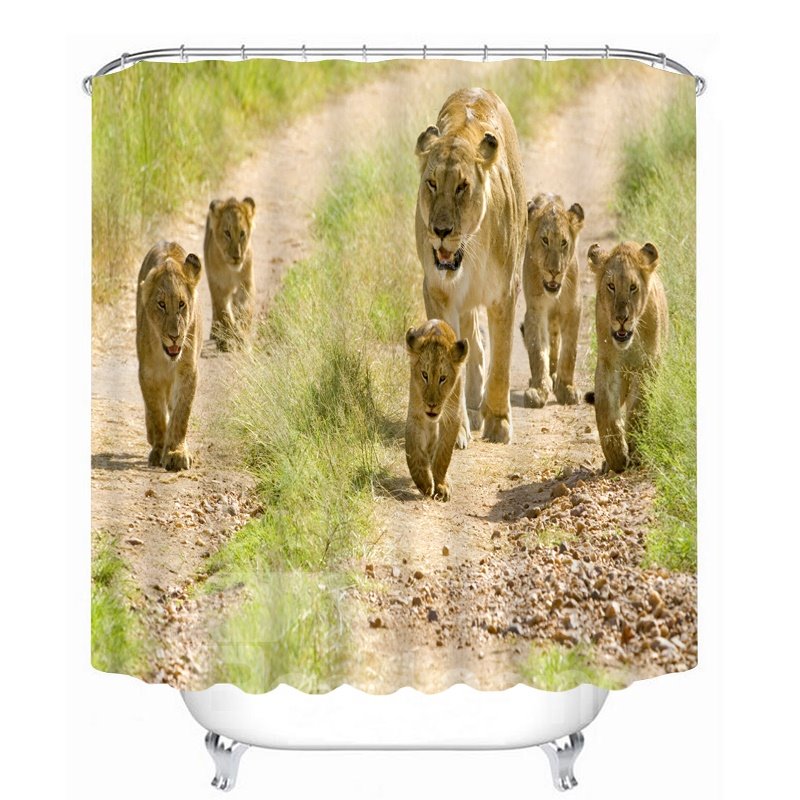 Cute Lion Family Walking 3D Printed Bathroom Waterproof Shower Curtain