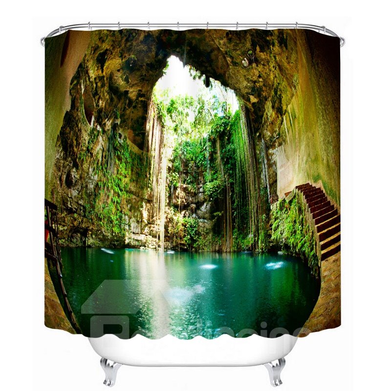 Maravilloso paisaje de cenote Ikil, cortina de ducha impermeable para baño impresa en 3D 