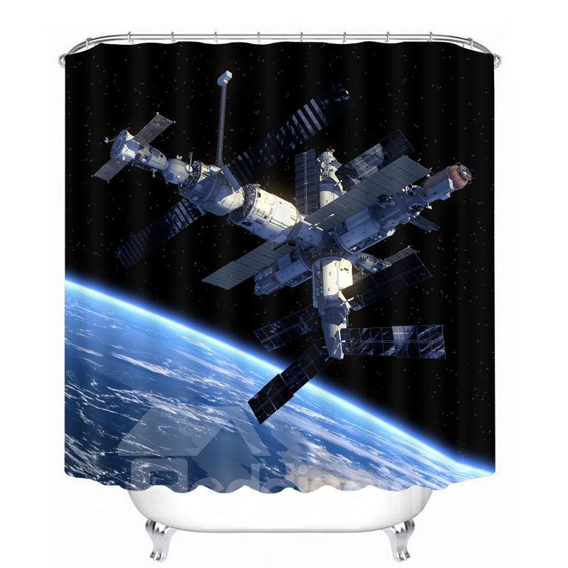 Erstaunlicher 3D-gedruckter, wasserdichter Duschvorhang für Badezimmer mit Weltraum-Satellitenstation