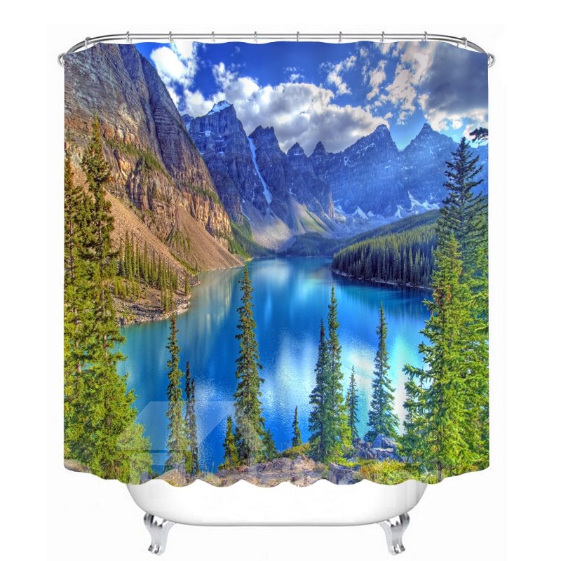 Cortina de ducha impermeable para baño con estampado 3D de lago azul y montañas en el día soleado