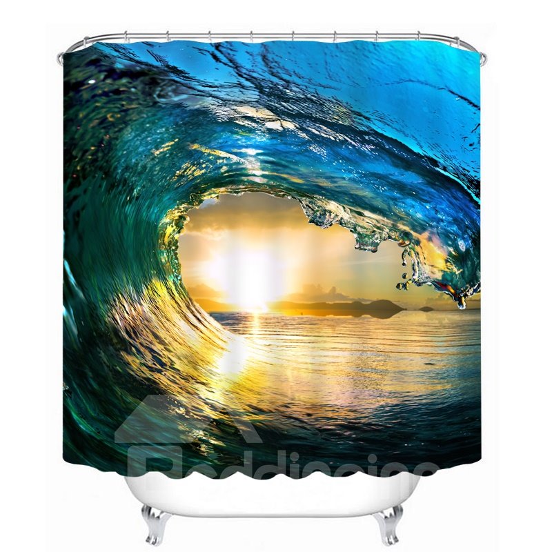 Cortina de ducha impermeable para baño con estampado 3D de poderosas olas del mar 