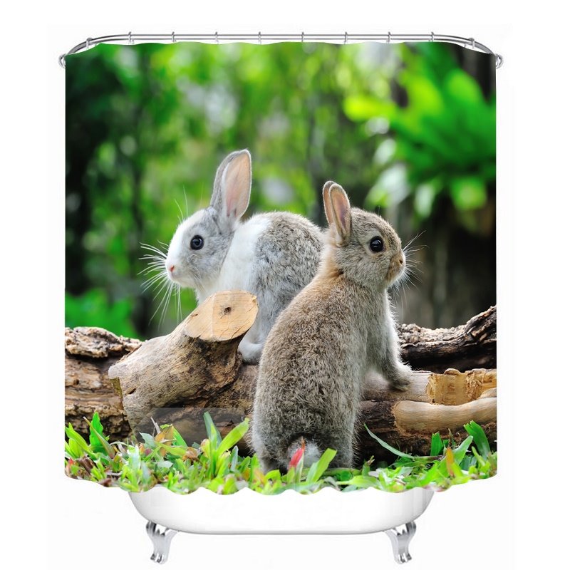 Cute Rabbits Standing on the Wood 3D Printed Bathroom Waterproof Shower Curtain