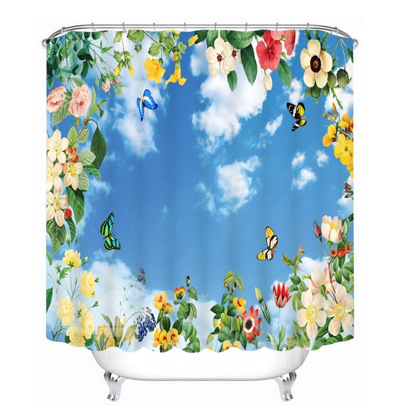 Colored Butterfly and Flower with Blue Sky 3D Printed Bathroom Waterproof Shower Curtain