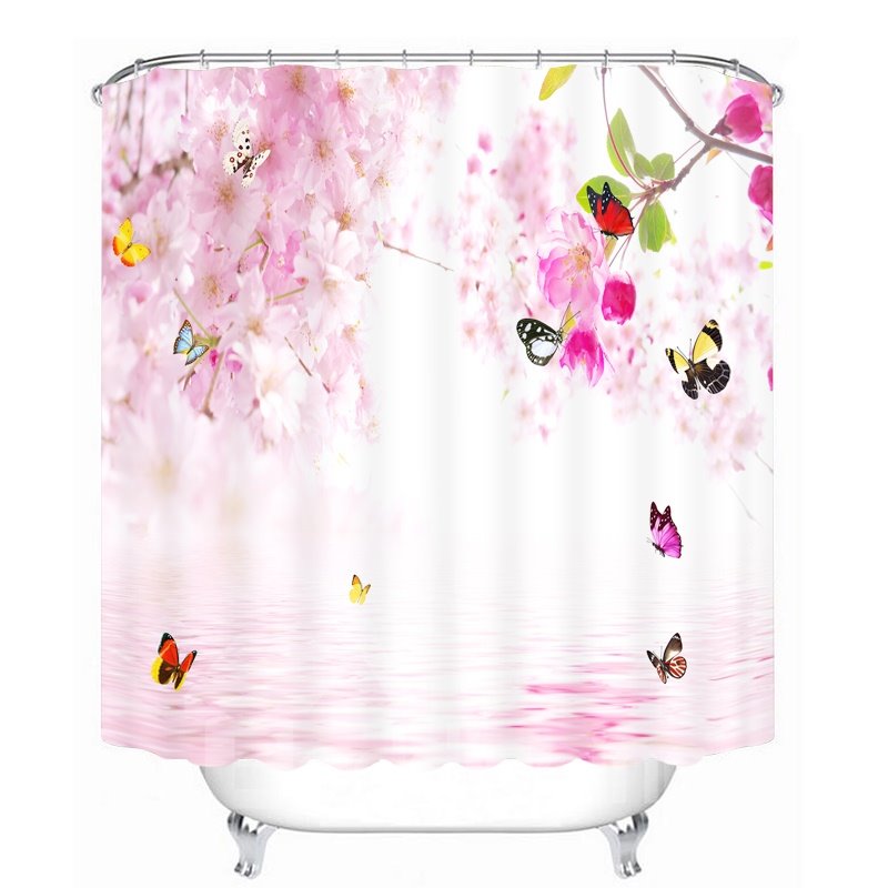 Butterflies flying around Peach Blossom 3D Printed Bathroom Waterproof Shower Curtain