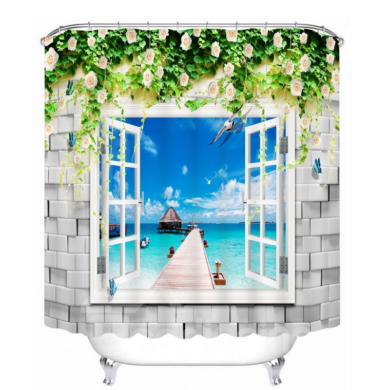 Schöne Strandlandschaft aus dem Fenster, 3D-gedruckter wasserdichter Duschvorhang für Badezimmer 