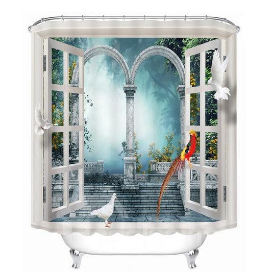 Cortina de ducha impermeable con estampado 3D de pájaro rojo parado en la ventana 