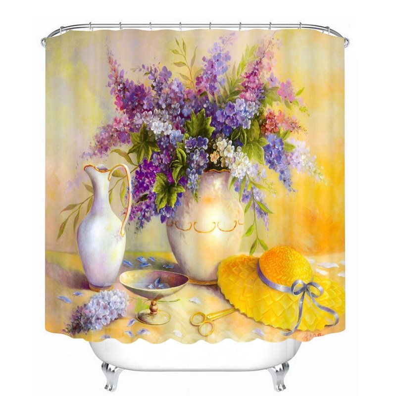 Pintura al óleo de flores y sombrero amarillo, cortina de ducha impermeable para baño impresa en 3D 