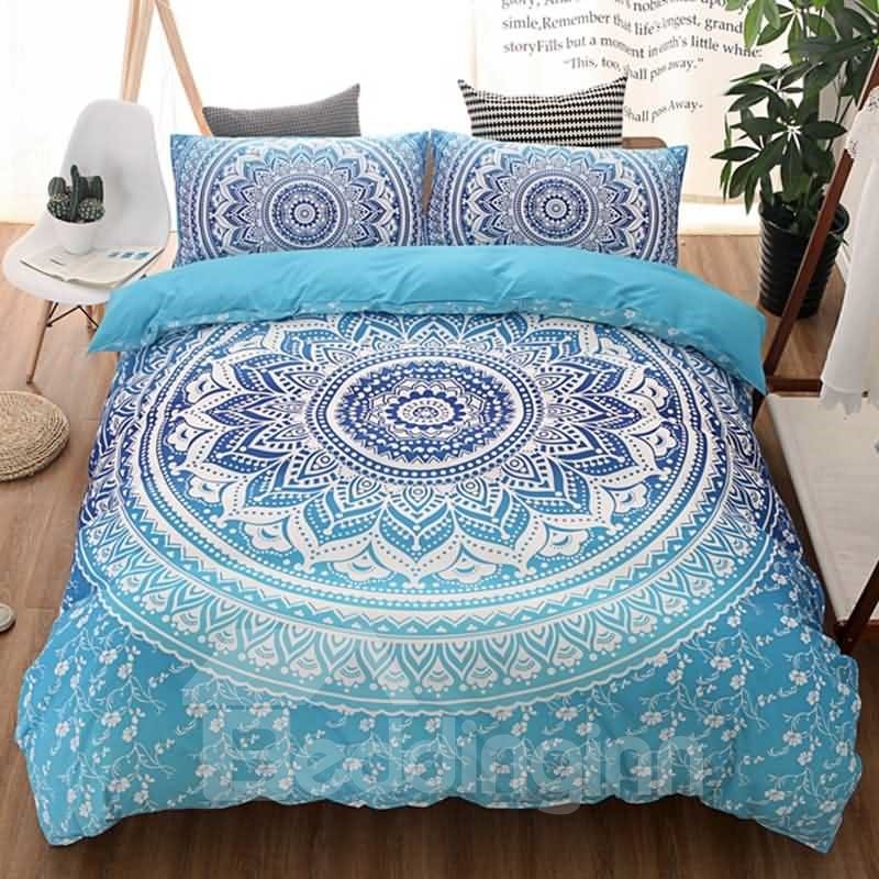 Böhmischer Stil, Mandala-Druck, blauer Farbverlauf, Polyester, 3-teilige Bettwäsche-Sets/Bettbezug