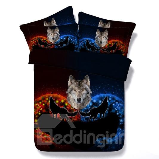 Juego de cama/fundas nórdicas de 4 piezas de poliéster 3D con estampado de lobo rojo y azul