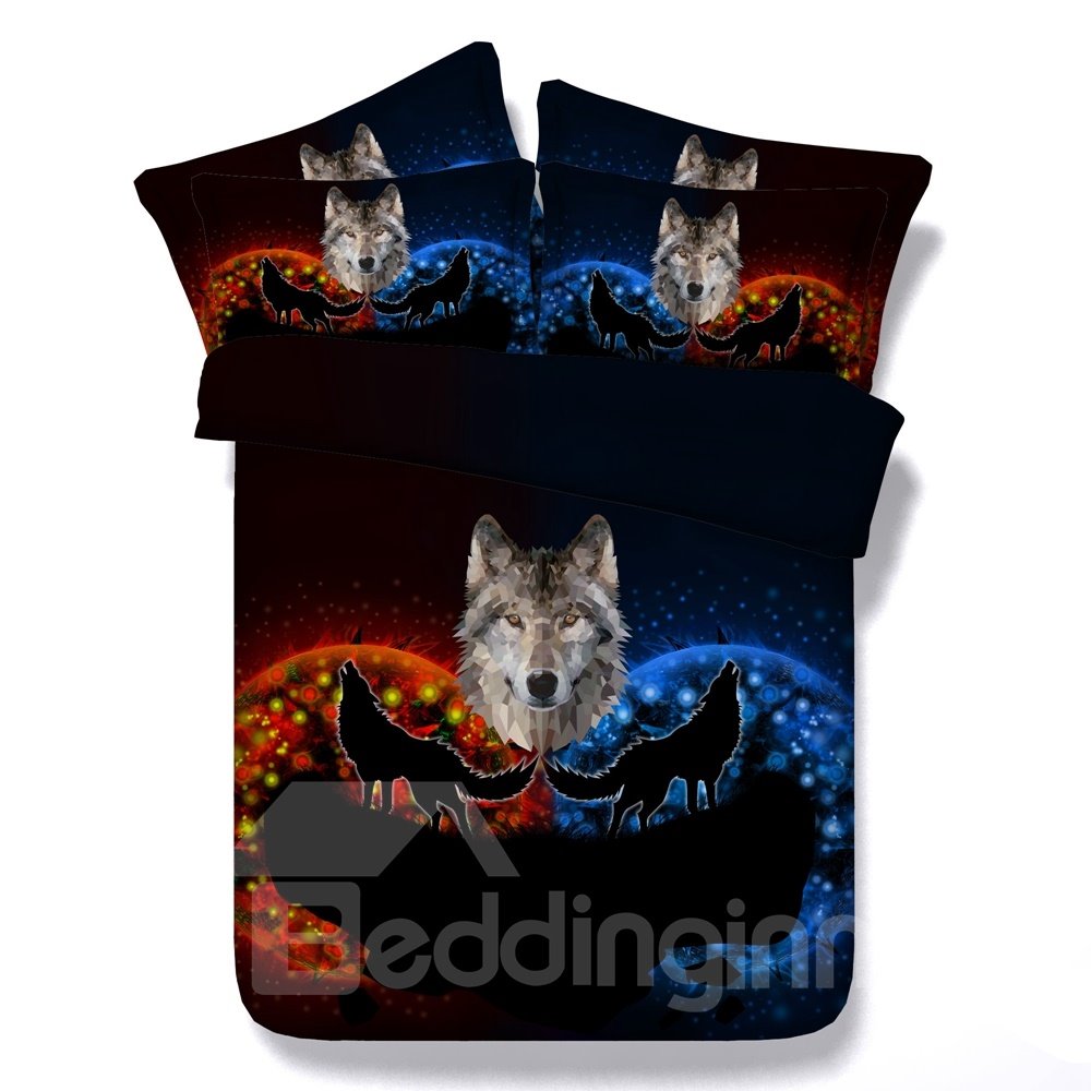 Roter und blauer Wolf bedrucktes 3D-4-teiliges Polyester-Bettwäsche-Set/Bettbezüge