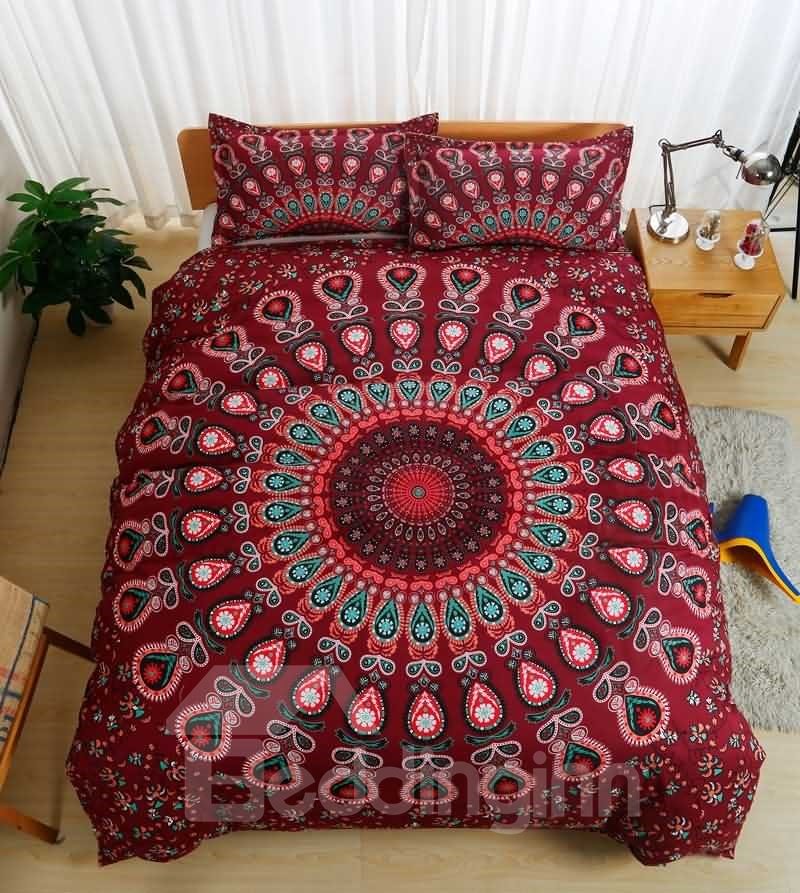 3-teilige Bettwäsche-Sets/Bettbezug im böhmischen Pfauen-Mandala-Stil, Rot, hautfreundlich, für die ganze Saison, ultraweiche Mikrofaser, lichtecht, volles Queen-Size-Bett