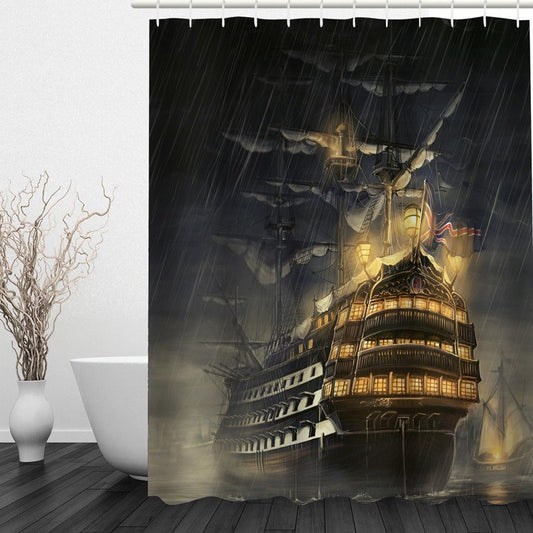 Retro Warships in the Night 3D Printed Bathroom Waterproof Shower Curtain