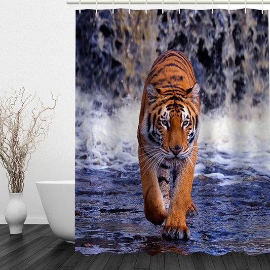 3D Walking Siberian Tiger Printed Polyester Shower Curtain