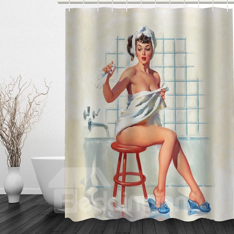 3D Sexy Bathing Girl Printed Polyester Beige Shower Curtain