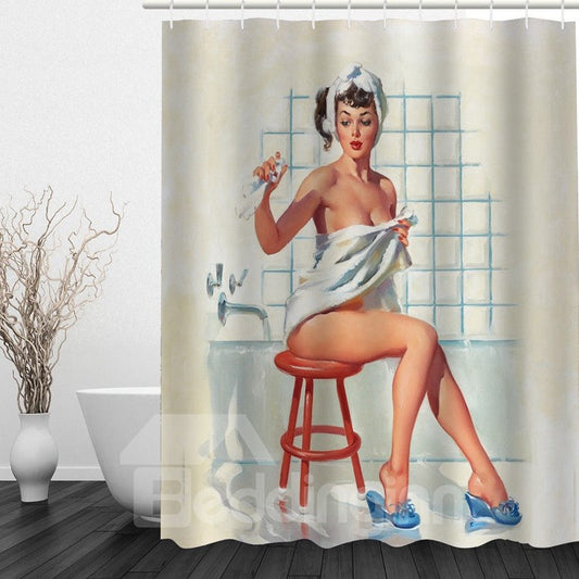 3D Sexy Bathing Girl Printed Polyester Beige Shower Curtain