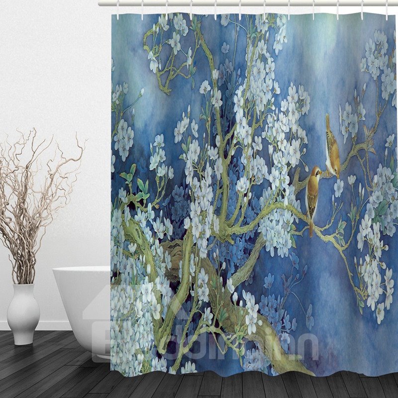 Pintura al óleo, flor, árbol y pájaros, cortina de ducha impermeable para baño impresa en 3D