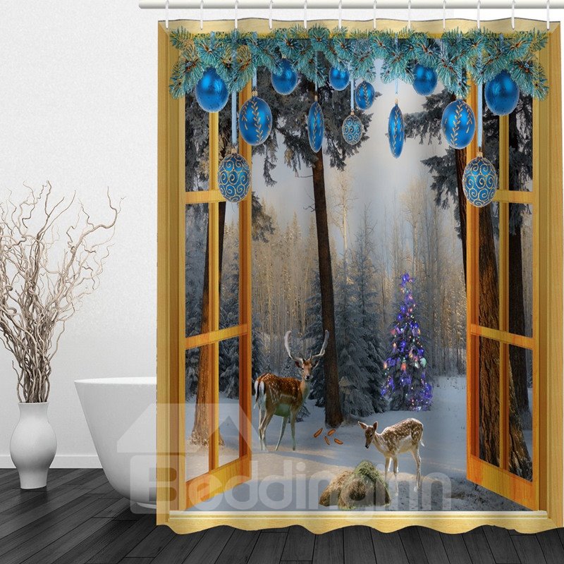Reindeer outside the Window 3D Printed Bathroom Waterproof Shower Curtain