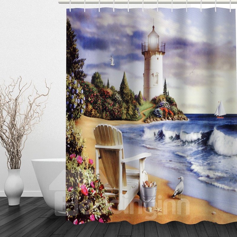 Ölgemälde Seaside Castle 3D-gedruckter wasserdichter Duschvorhang für Badezimmer