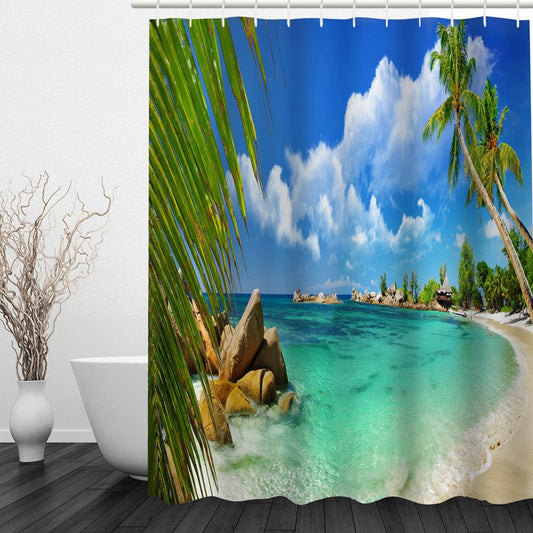 Maravilloso paisaje de playa, cortina de ducha impermeable impresa en 3D para baño
