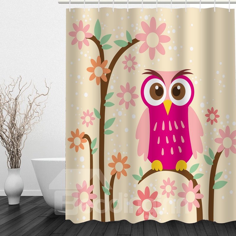 Pink Cartoon Owl 3D Printed Bathroom Waterproof Shower Curtain