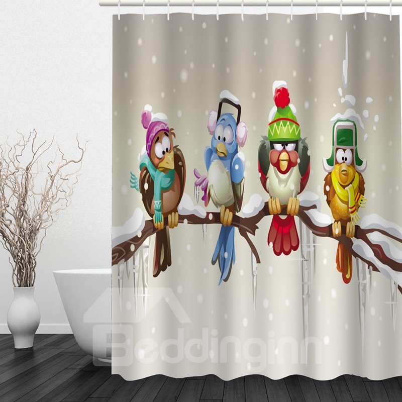 Cortina de ducha de baño impresa en 3D con bonitos pájaros de dibujos animados parados en el árbol