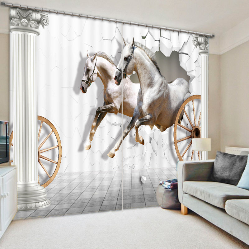 Cortina de poliéster opaca con estampado de caballos corriendo blancos en 3D, decoración de estilo animal