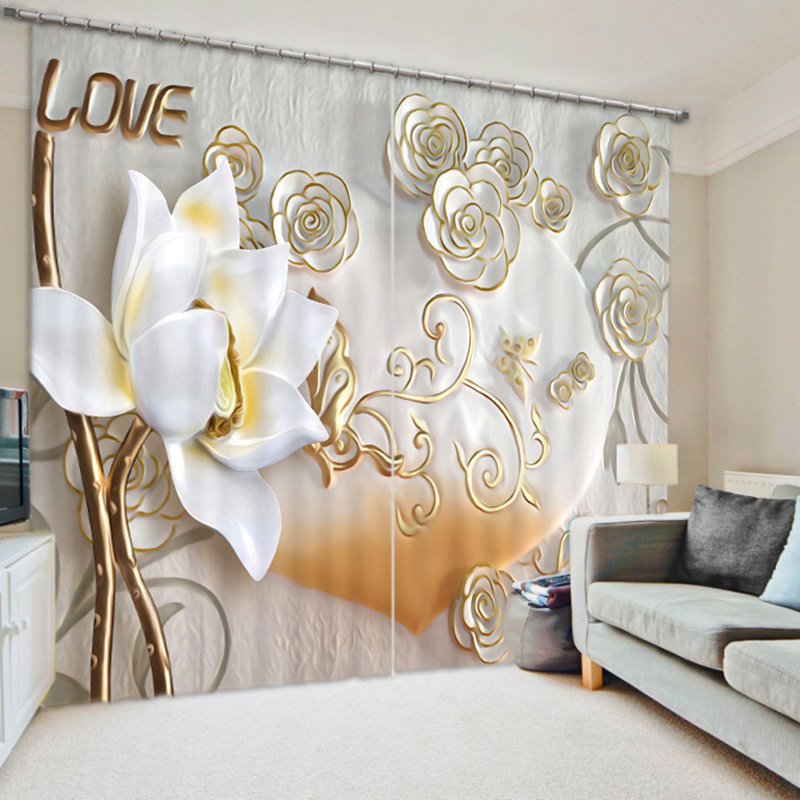 Cortina 3D opaca y decorativa personalizada de poliéster con flores beige elegantes y acogedoras