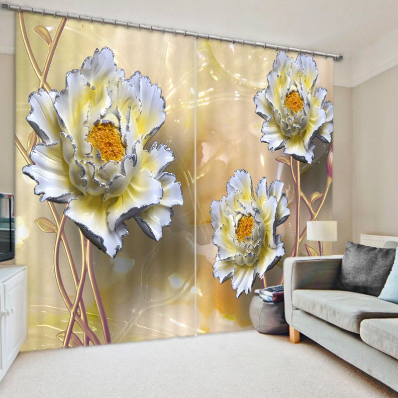 Designer Relief Peony 3D Printed Polyester Curtain