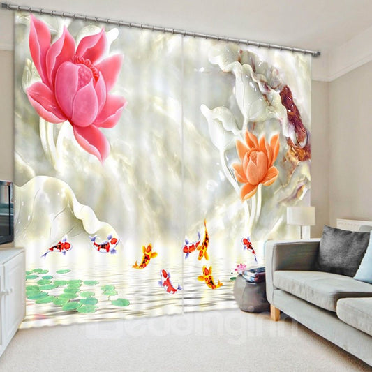 Vorhang aus 3D-bedrucktem Polyester mit farbigen Blumen und goldenen Fischen 