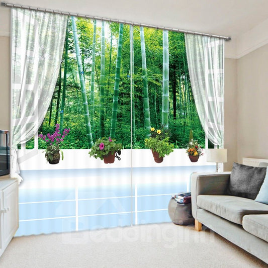 Green Bamboo Forest out of the Window 3D Printed Polyester Curtain