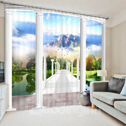 Cortina de poliéster impresa en 3D con pasillo blanco y agua verde 