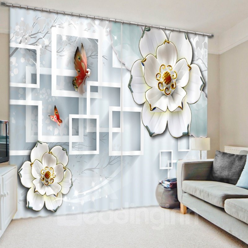 Cortina de poliéster impresa en 3D con flores y mariposas en relieve blancas de diseño 