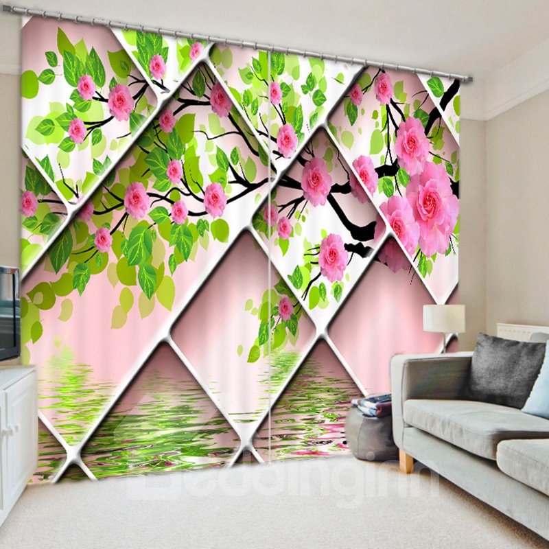 Unique Pink Flowers 3D Printed Polyester Curtain