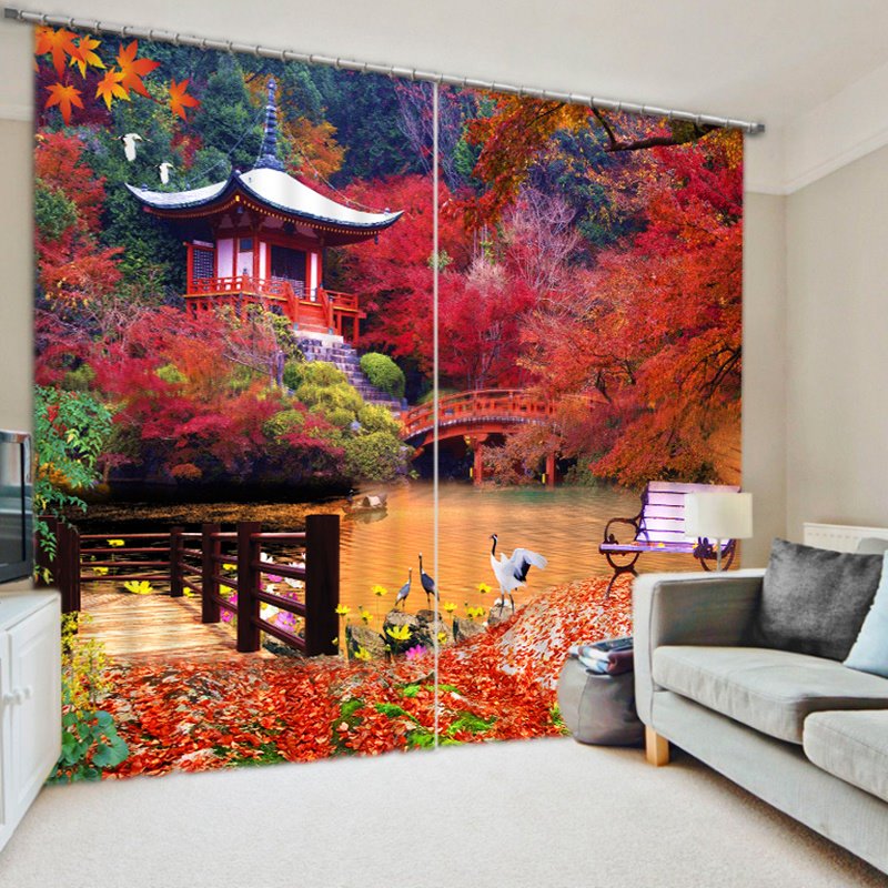 3D Temple and Red Maple Trees Printed Natural Scenery Custom Living Room Curtain