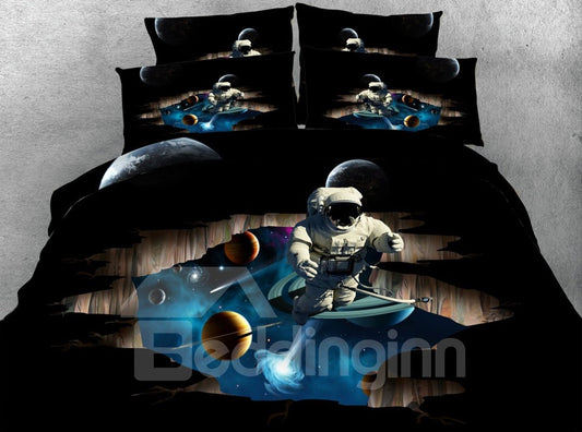 4-teilige schwarze 3D-Bettwäsche-Sets/Bettbezüge aus bedrucktem Polyester mit Astronauten- und Weltraummotiven