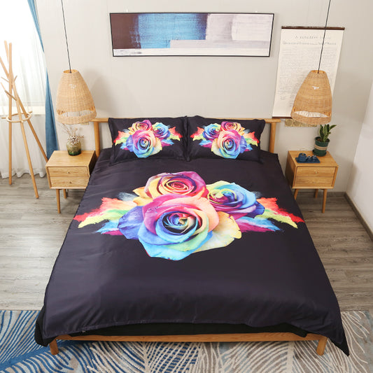 4-teiliges Bettwäsche-/Bettbezug-Set mit 3D-Regenbogen-Rosen, schwarz, weiches, strapazierfähiges, hautfreundliches Polyester