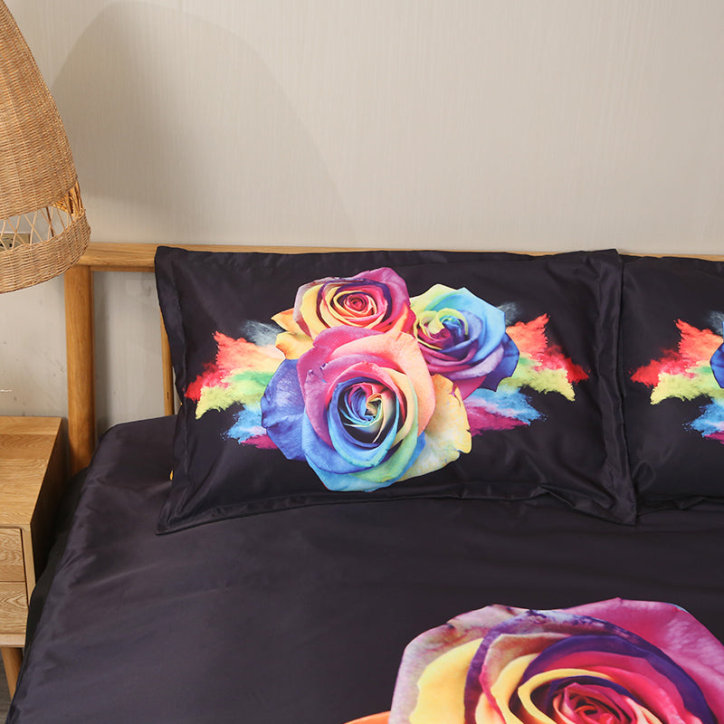 Juego de cama/funda nórdica de 4 piezas con diseño de rosas arcoíris en 3D, poliéster agradable para la piel, suave y duradero, color negro